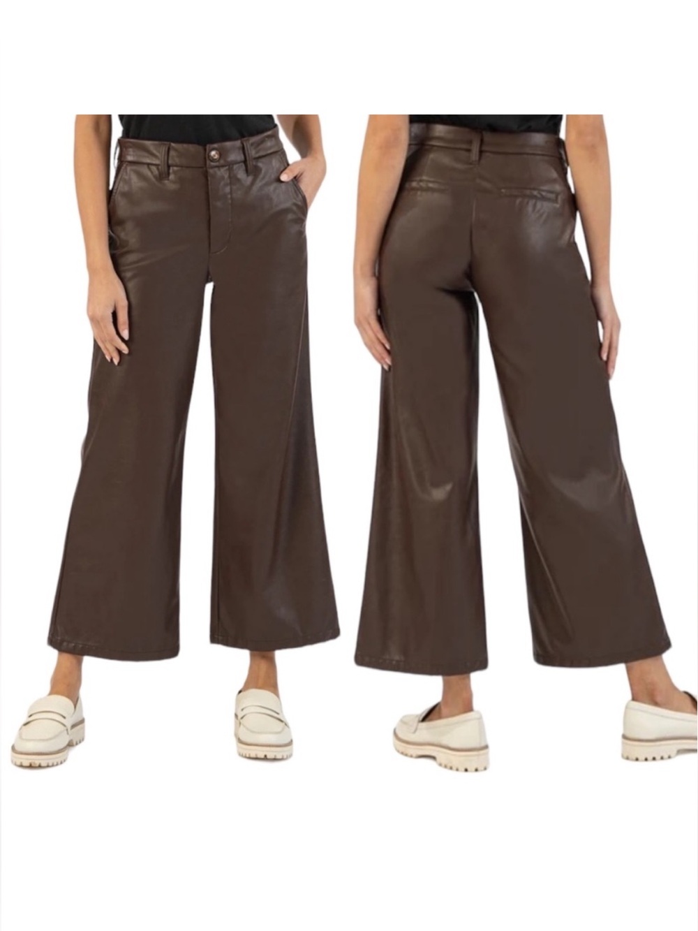 Kut from the Kloth Chocolate Brown Faux Leather Wide-Leg Ankle Pants